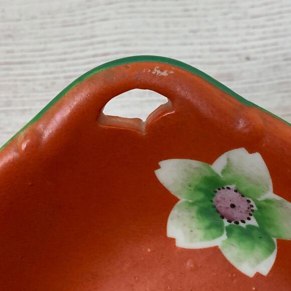 Vintage Hand Painted Red Lotus Flower Oval Japanese Bowl Serving Dish Handles - Picture 9 of 16